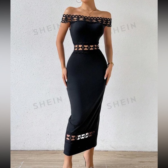 Black Summer off shoulder slim fit long dress with lace. - Picture 1 of 12